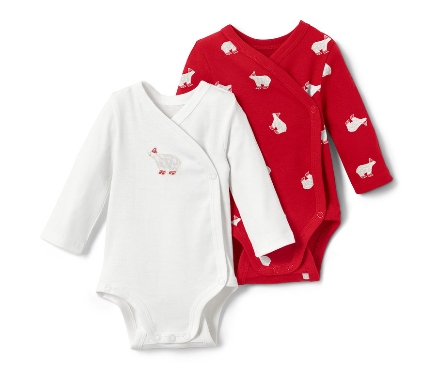 Deux bodies enfant à manches longues : un blanc avec un motif d’ours polaire et un rouge avec un imprimé d’ours polaires.