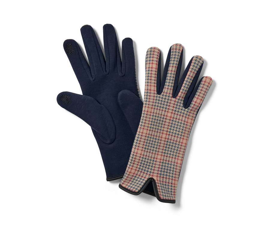 Deux paires de gants sweat, une bleu marine, l'autre à motif pied-de-poule.
