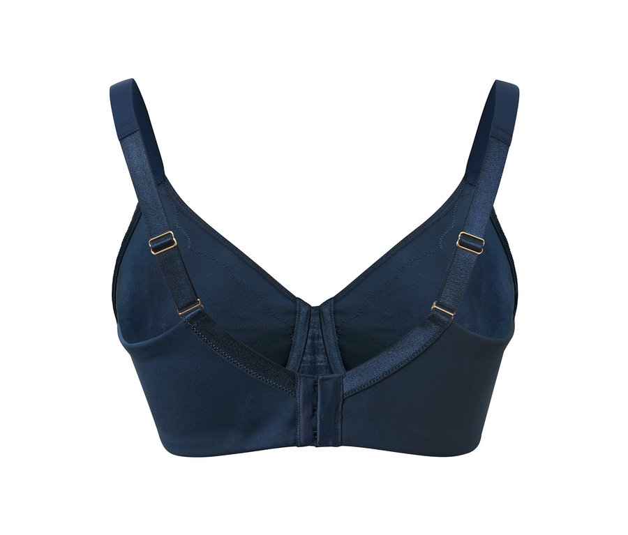 Soutien-gorge minimiseur bleu avec fermeture arrière et bretelles réglables.