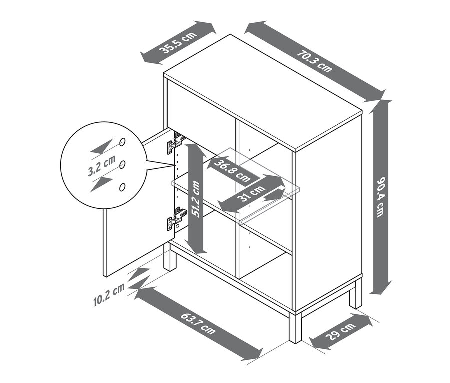 Les dimensions du meuble de salle de bain sont indiquées par des flèches.