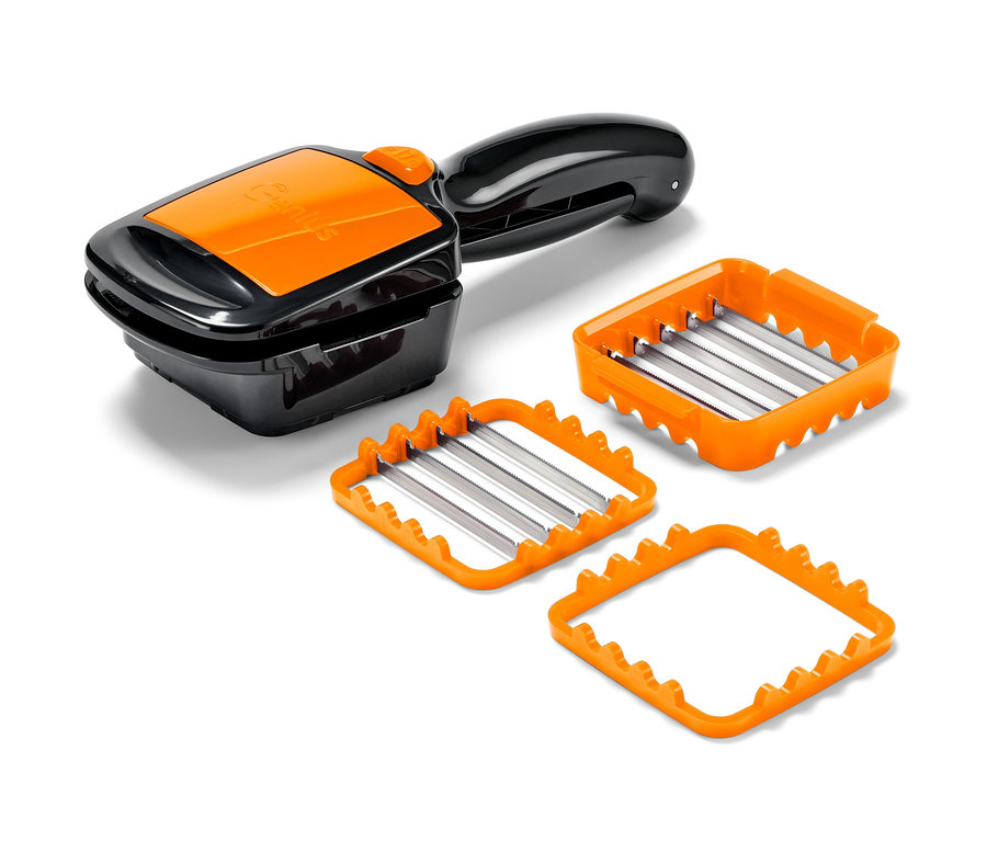 Nicer Dicer Quick XXL noir, 4 pièces avec accessoires orange sur fond blanc.