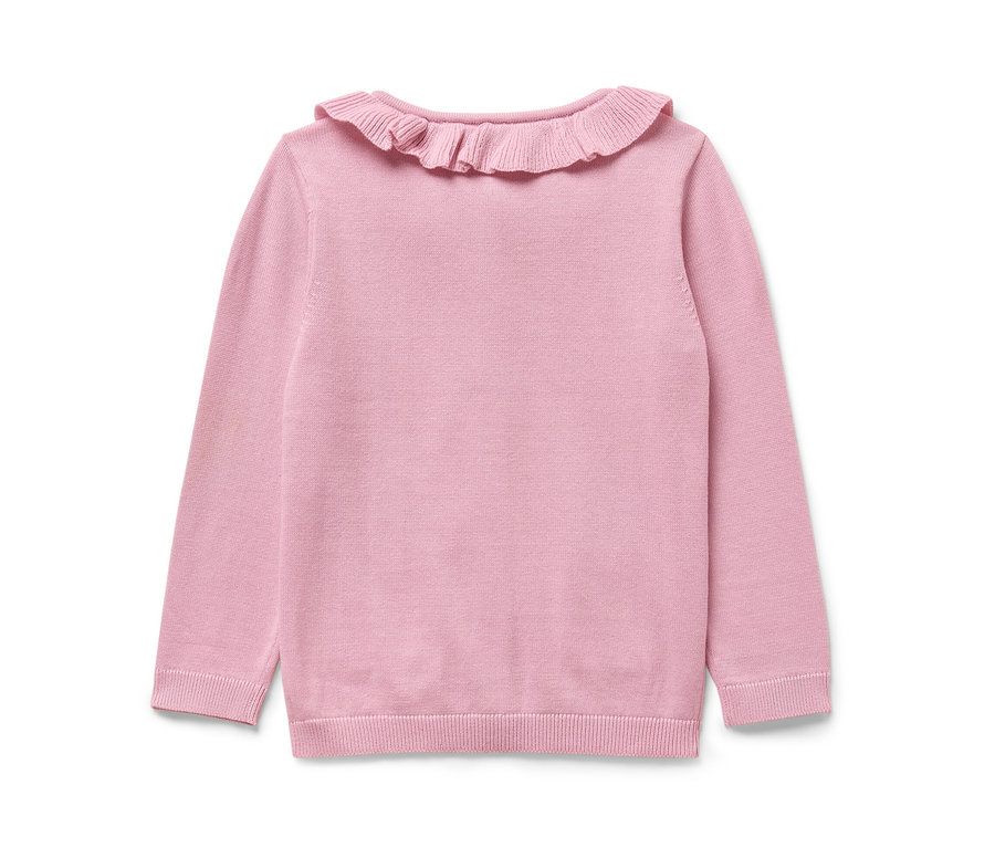 Jaquette en maille rose pour bébé avec un col à volants.