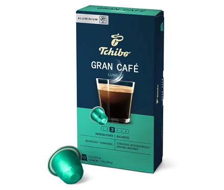 Paquet de capsules Tchibo Gran Café Lungo et une capsule.