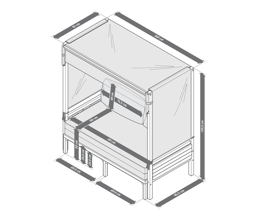 Schéma d'une chaise de plage Lounge « Tinus » avec repose-pieds extensible et dimensions.