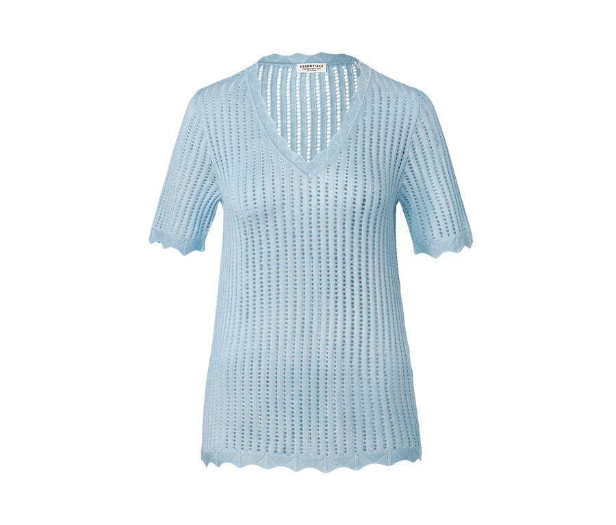 Chemisier en tricot bleu glace à manches courtes et encolure en V.