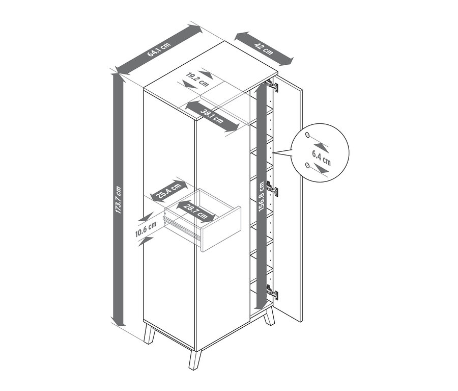 Schéma d'une armoire multifonction avec des mesures.
