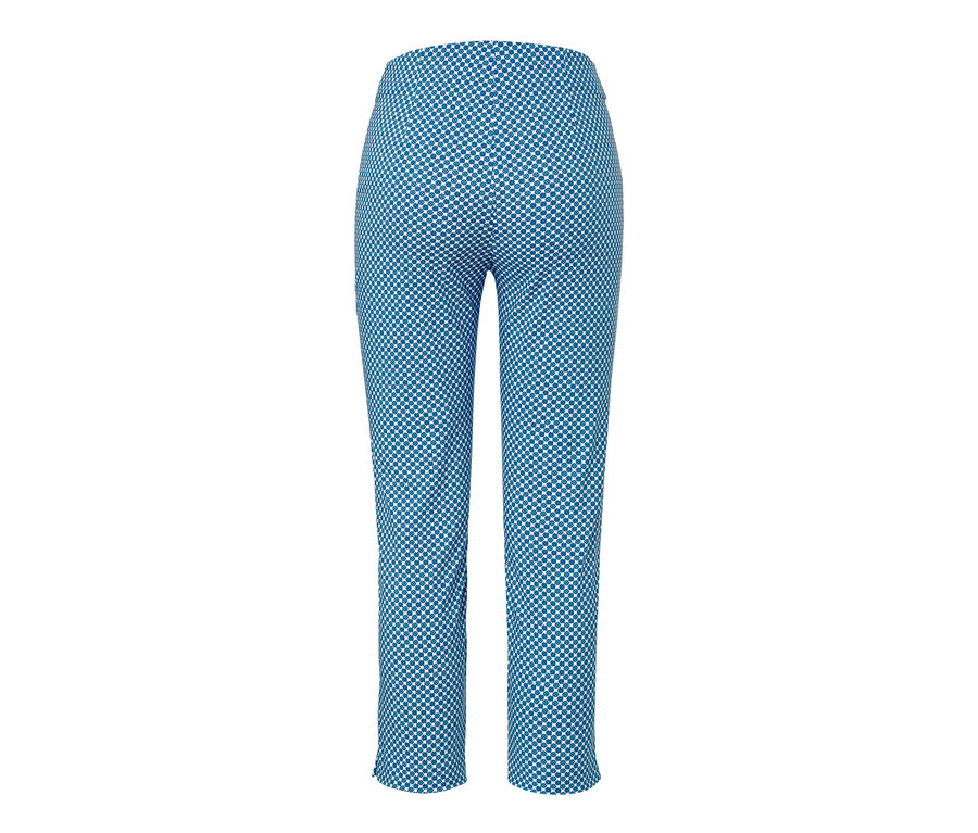 Pantalon stretch 7/8 bleu avec imprimé intégral.