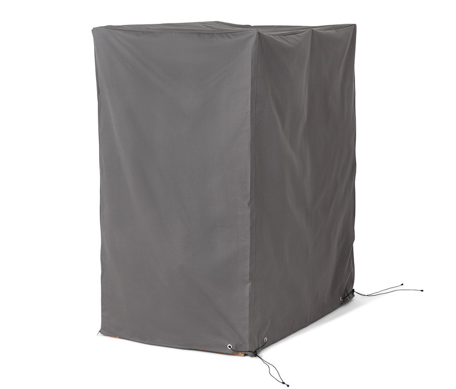 Une housse de protection premium grise pour corbeille de plage XL recouvre une corbeille de plage.