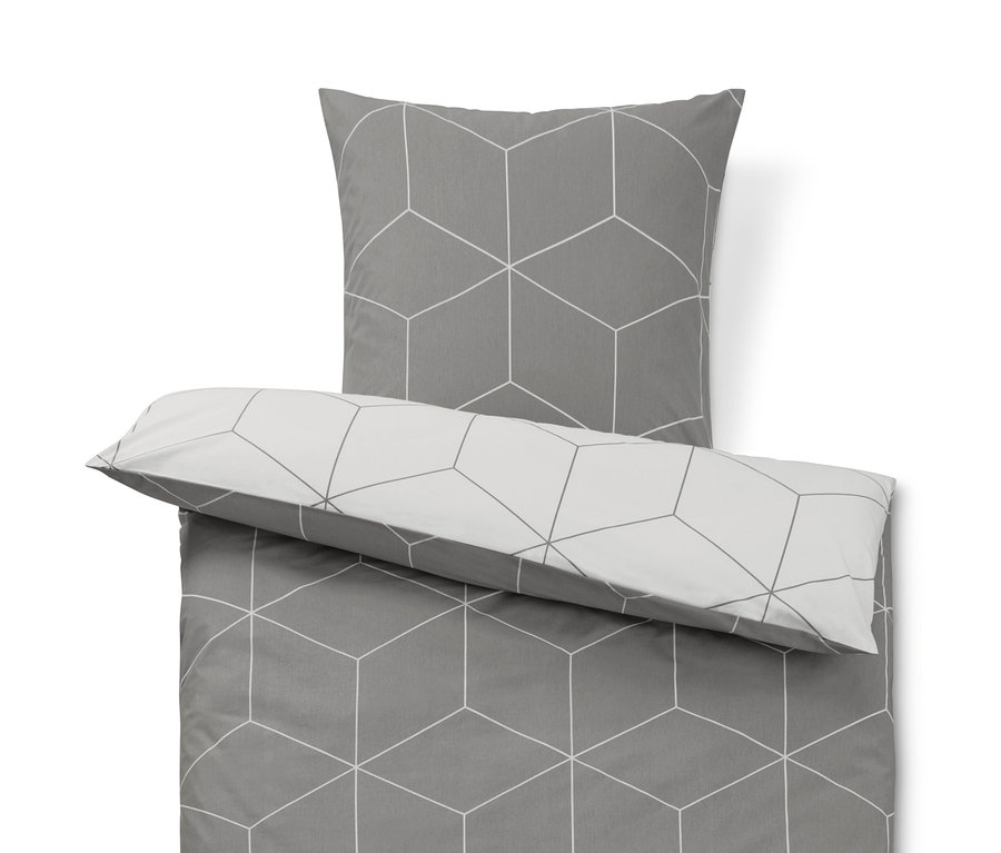 Parure de lit en renforcé grise avec motif géométrique.