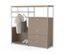 Commode en métal « CN3 » taupe avec plateau en bois, une tringle à vêtements, un abattant et trois tiroirs.