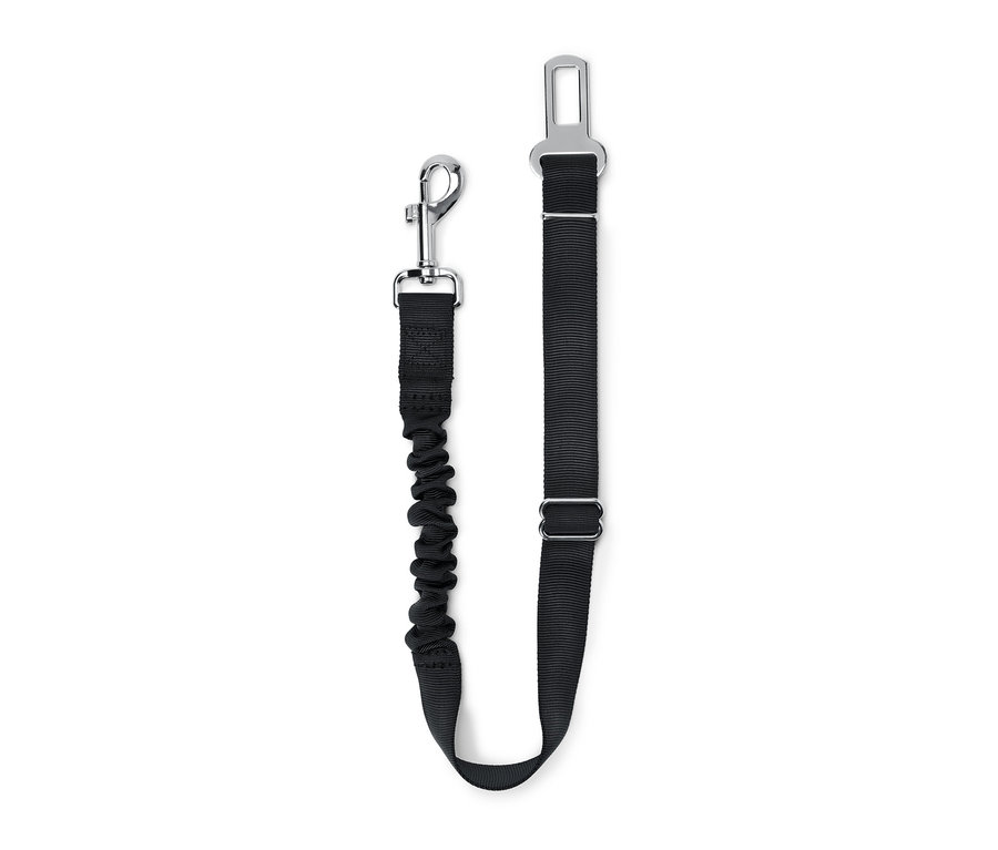 Ceinture de sécurité noire pour chien avec mousqueton et boucle de voiture.