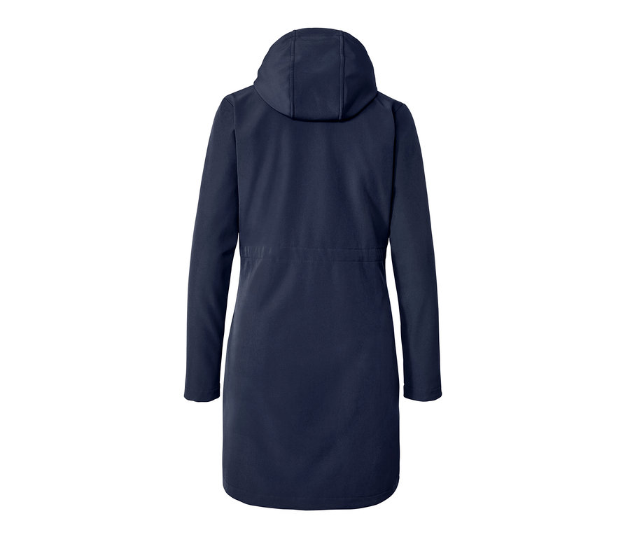 Vue arrière d'un manteau en softshell bleu denim avec capuche.