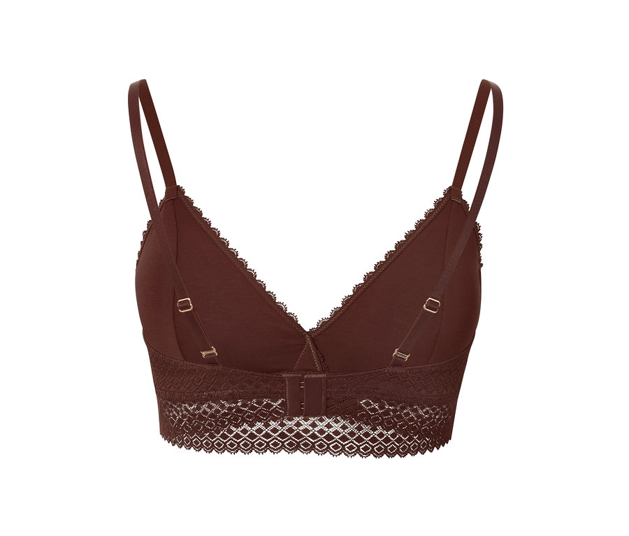Détail d'un soutien-gorge en dentelle marron.