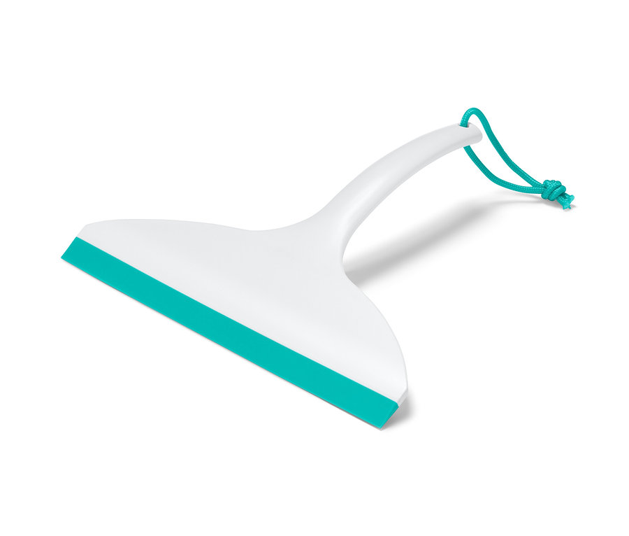 Raclette de salle de bain blanche avec une lèvre en caoutchouc turquoise et un cordon.