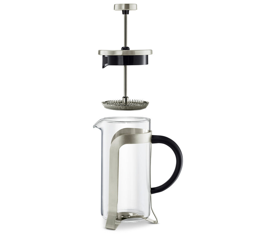 Cafetière à piston 300 ml, 2 tasses, argenté, démontée.