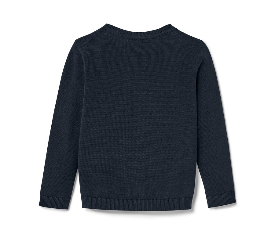 Jaquette en maille marine pour enfant sur fond blanc.
