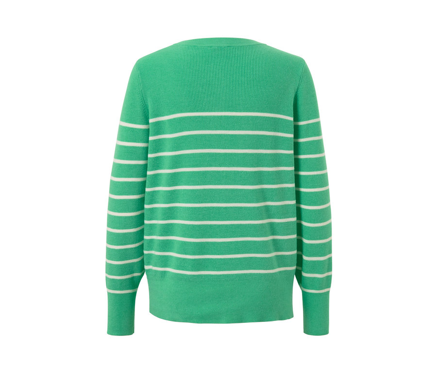 Vue arrière d'un pull en maille fine rayé vert et blanc.