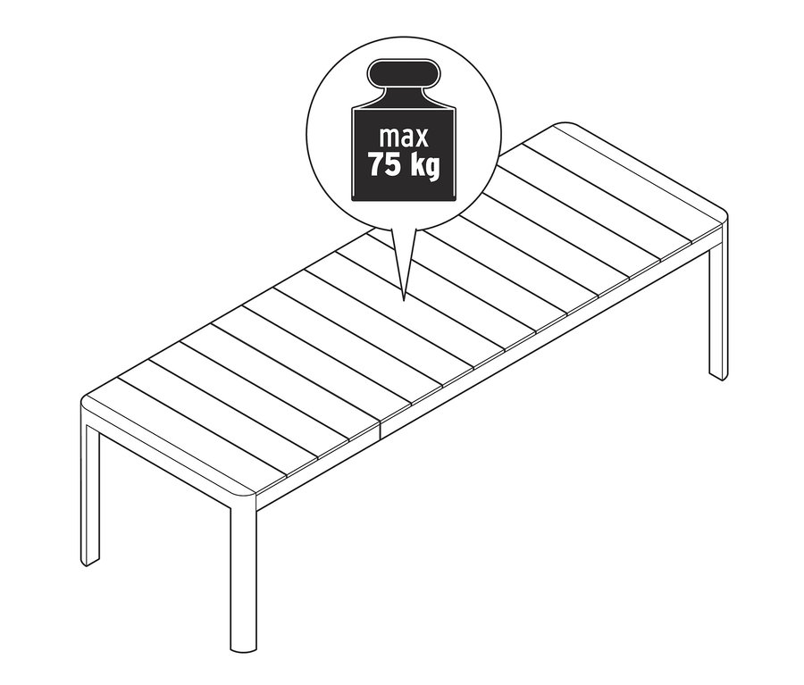Dessin d'une table à rallonge avec plateau en polywood. Le poids maximal supporté est de 75 kg.