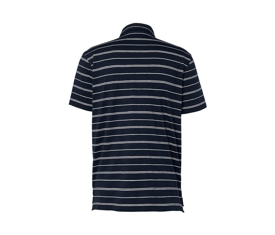 Vue arrière d'un polo en jersey bleu foncé à rayures.