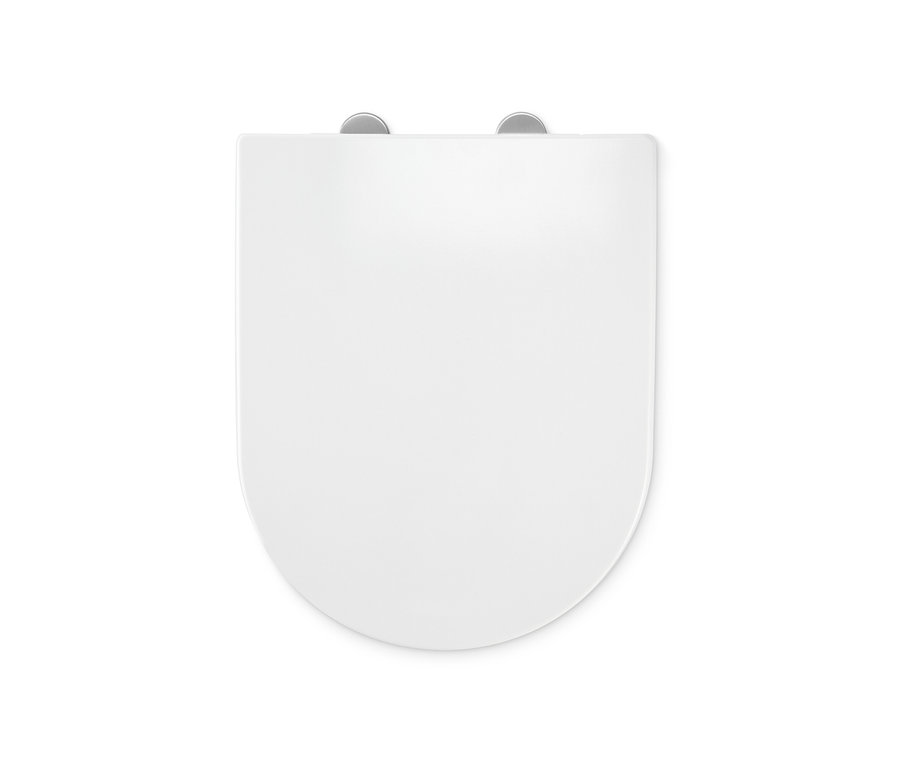 Vue détaillée de dessus d'un siège WC premium blanc avec abattant silencieux.