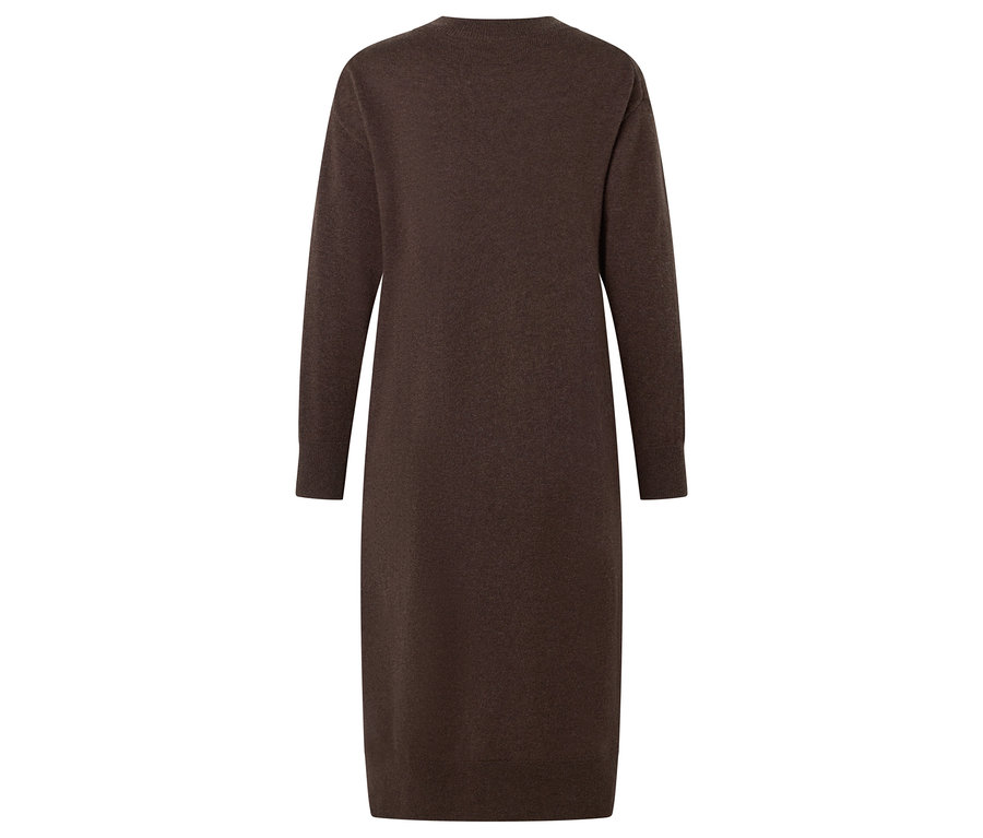 Vue arrière d'une robe marron en tricot à manches longues.