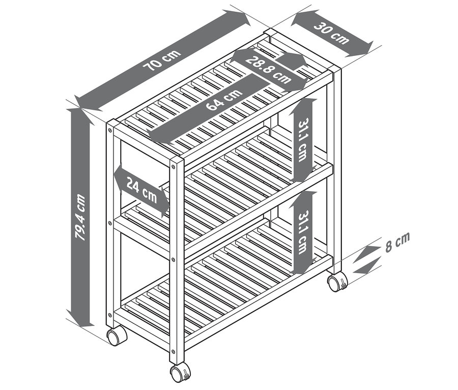 Illustration d'un rayonnage en bois massif sur roulettes avec des mesures.