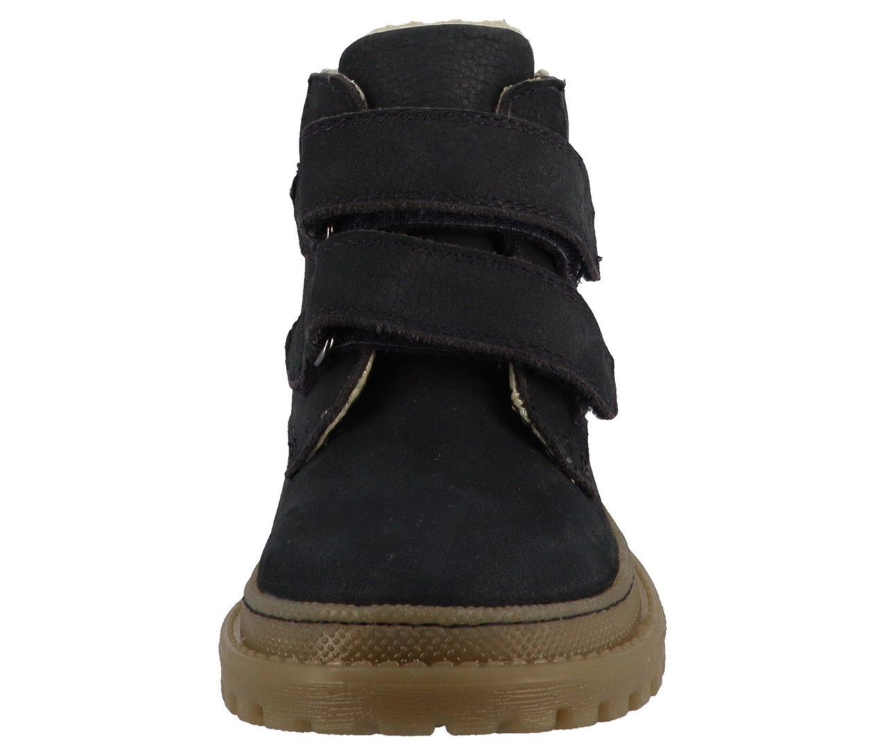 Vue de face des bottes pour enfants bleu marine LURCHI « Daniele-TEX » avec semelle marron.