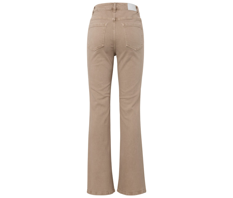 Vue arrière d'un jean évasé beige.