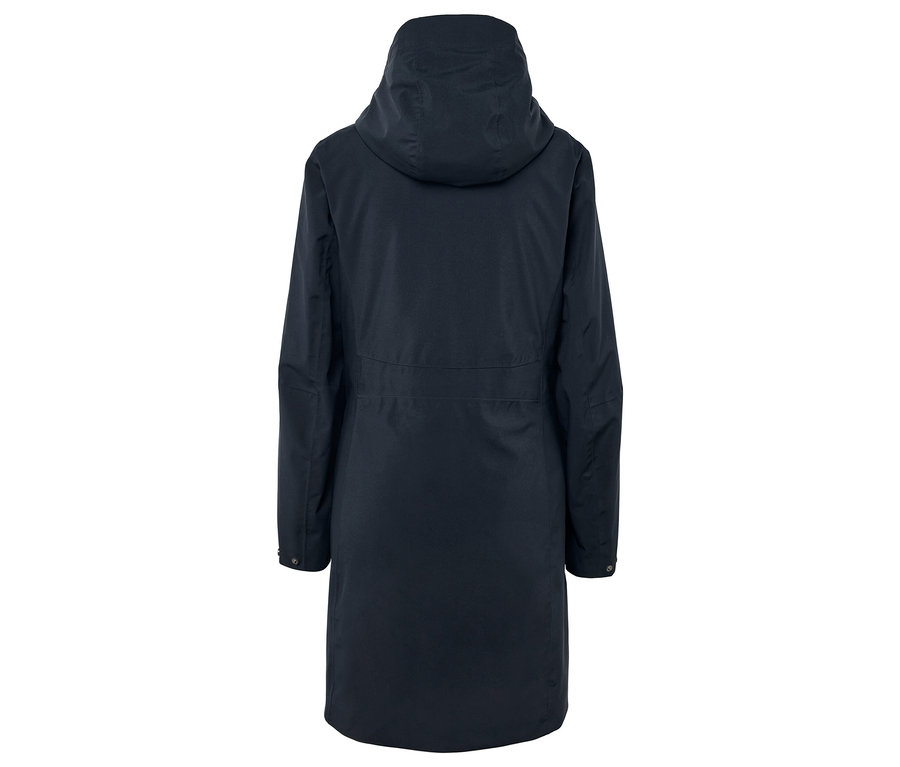 Manteau bleu marine à capuche vu de dos.