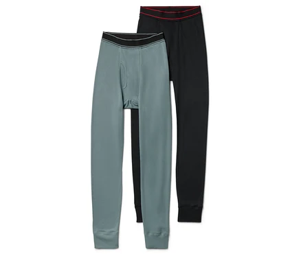Deux caleçons longs thermiques pour hommes : un gris-vert et un noir.