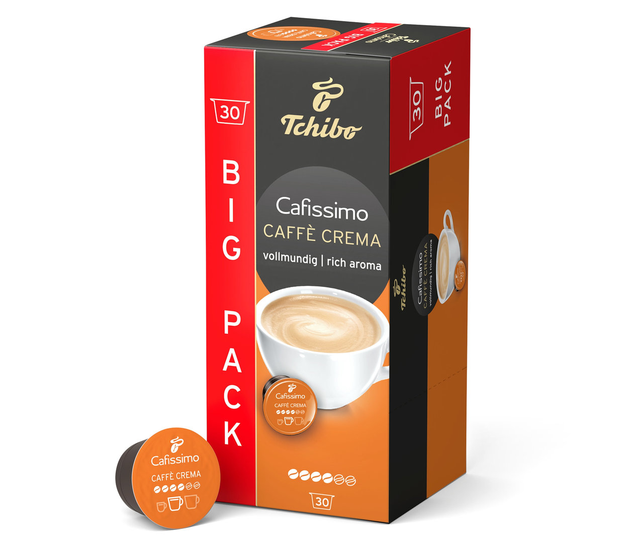 Une boîte de 30 capsules Cafissimo Caffè Crema vollmundig (intense) est présentée sur l'image.