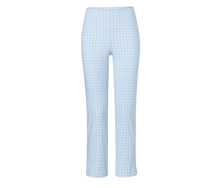 Un pantalon stretch 7/8 bleu clair et blanc à motif carreaux.