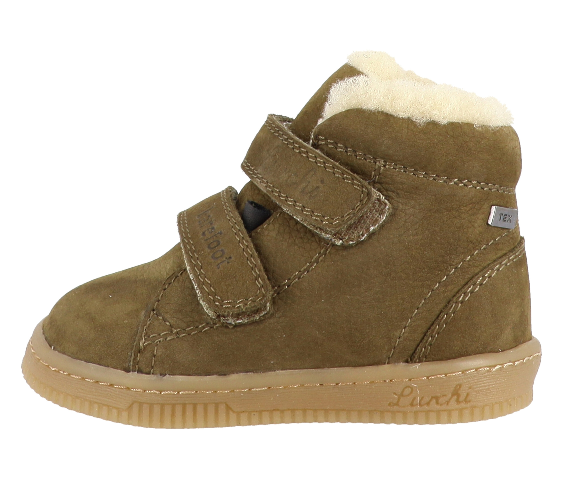 Une botte pour enfant LURCHI « Felix Barefoot-TEX », olive, avec une doublure en fourrure et une fermeture Velcro.