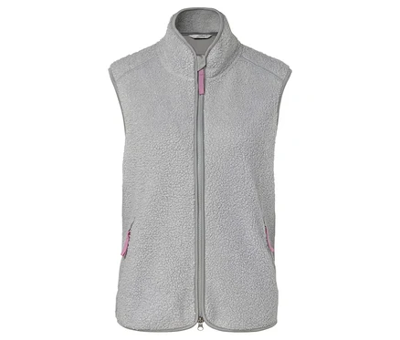 Veste polaire grise avec fermeture éclair et détails roses.
