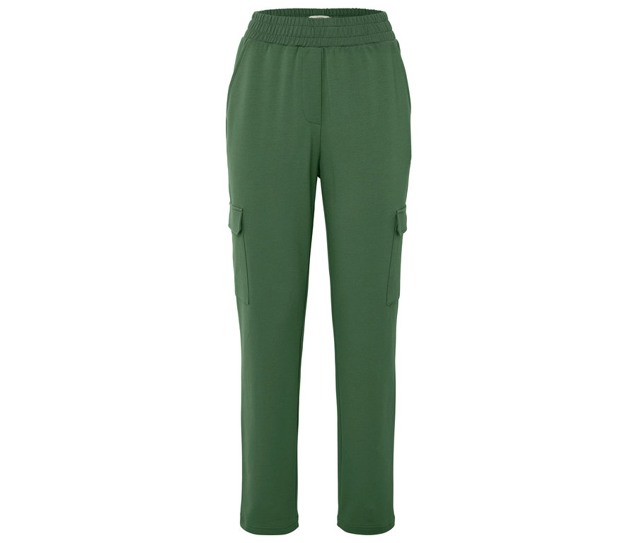 Pantalon cargo vert avec taille élastique et poches plaquées.