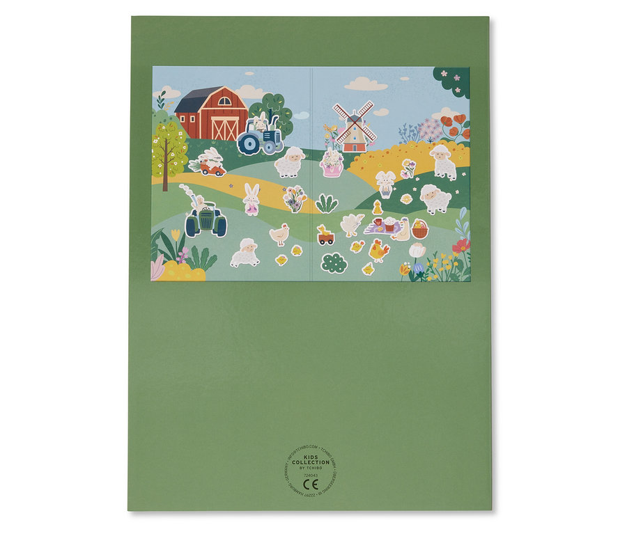 Feuille d'autocollants sur le thème de la ferme, comprenant des moutons, un moulin à vent et un tracteur.