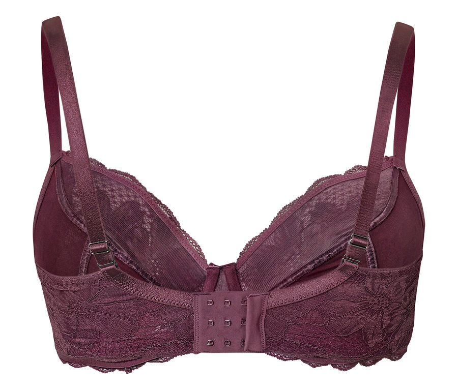 Vue détaillée de l'arrière d'un soutien-gorge en dentelle bordeaux.