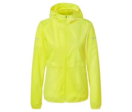 Veste de pluie jaune vif à capuche avec fermeture éclair.