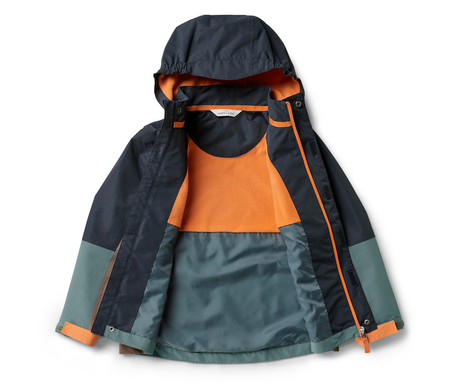 Veste d'enfant ouverte pour tous les temps avec capuche, l'intérieur est orange.