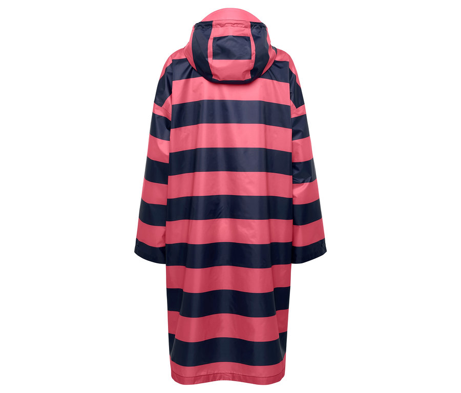 Vue arrière d'un peignoir à rayures avec capuche en rose et bleu marine.