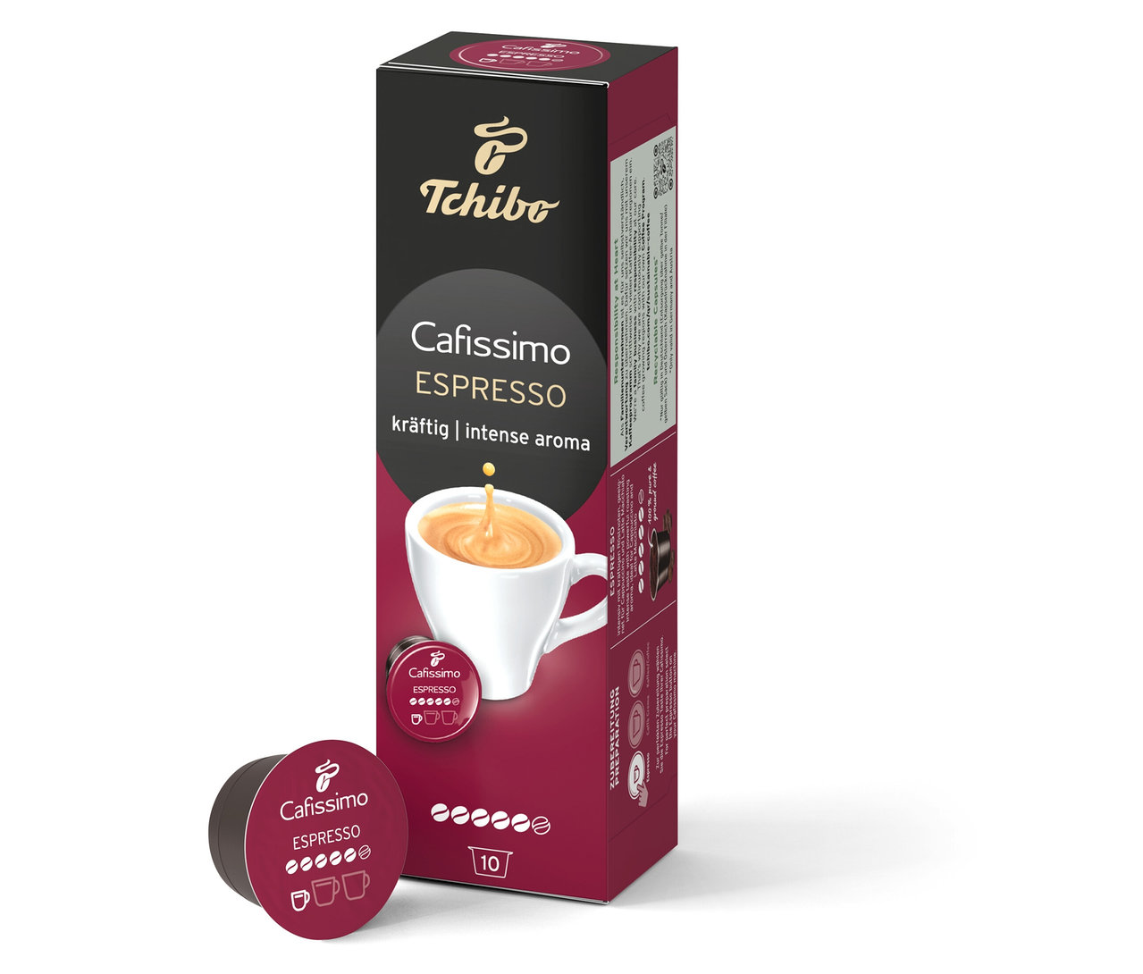 Une boîte de capsules Cafissimo Espresso se trouve à côté d'une capsule individuelle.
