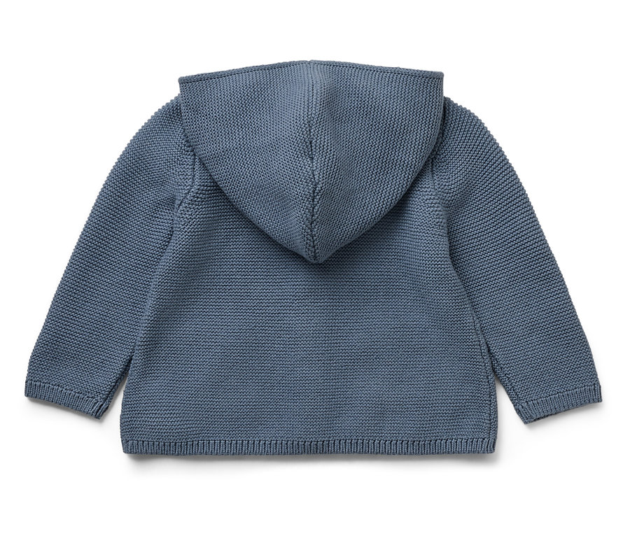 Sweat à capuche bleu en tricot pour bébé, vue arrière.
