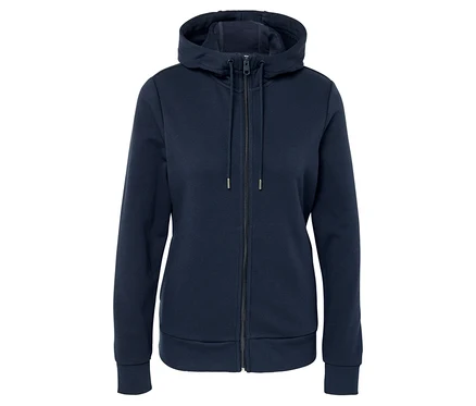 Un sweat à capuche bleu marine avec une fermeture éclair au milieu.