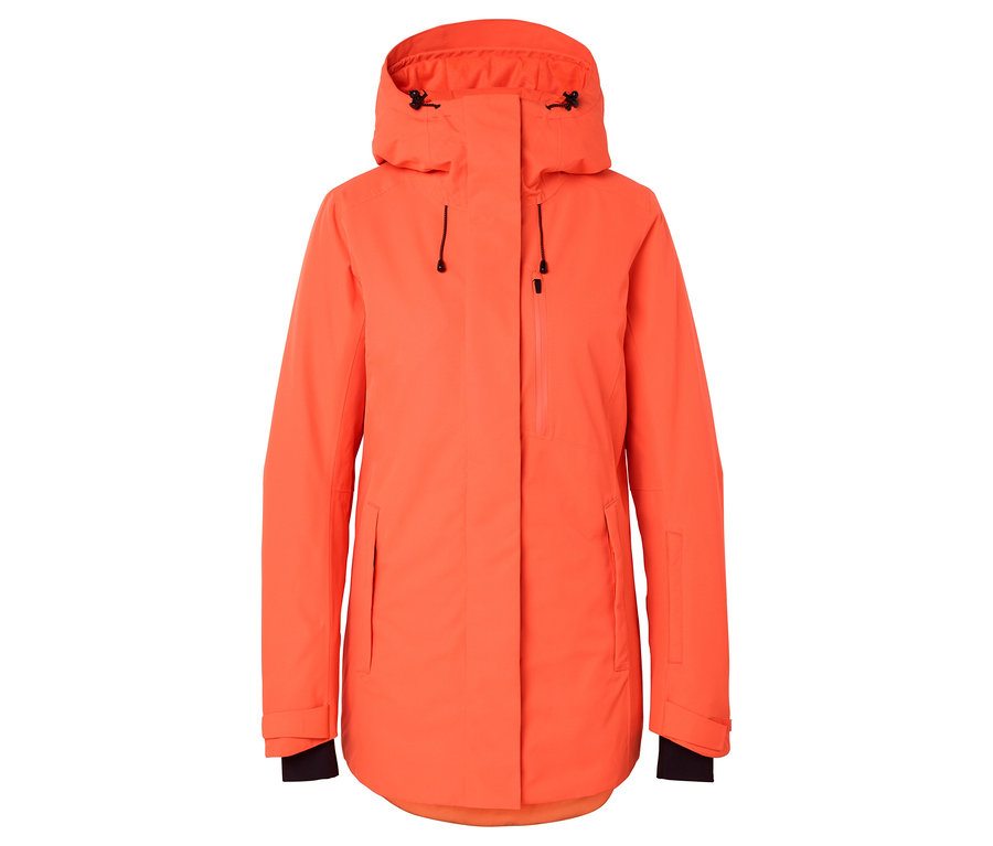 Veste orange avec capuche et détails noirs.
