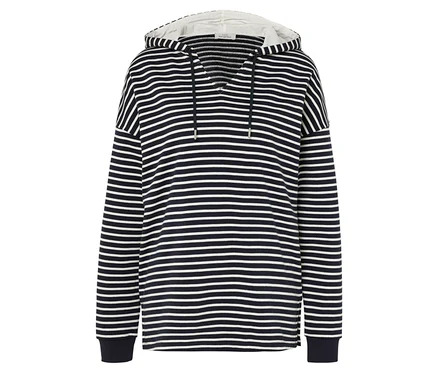 Sweat à capuche rayé bleu marine et blanc.