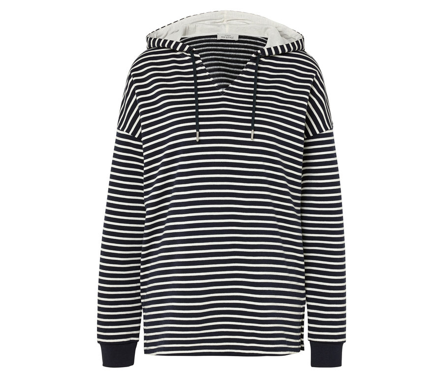Sweat à capuche rayé bleu marine et blanc.