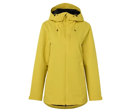 Veste jaune à capuche avec fermeture éclair au milieu.