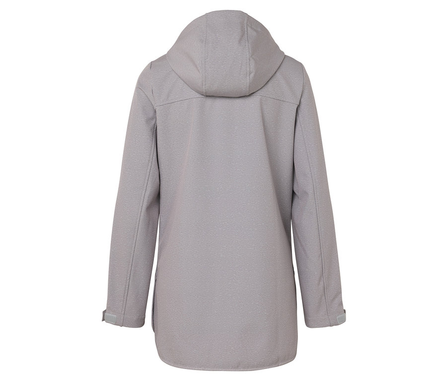 Vue arrière d'une veste softshell grise à capuche.