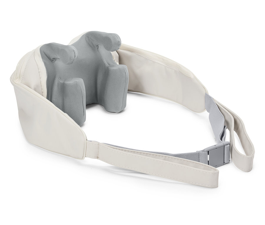 Une ceinture de cou blanche avec un rembourrage gris est posée sur une surface blanche.