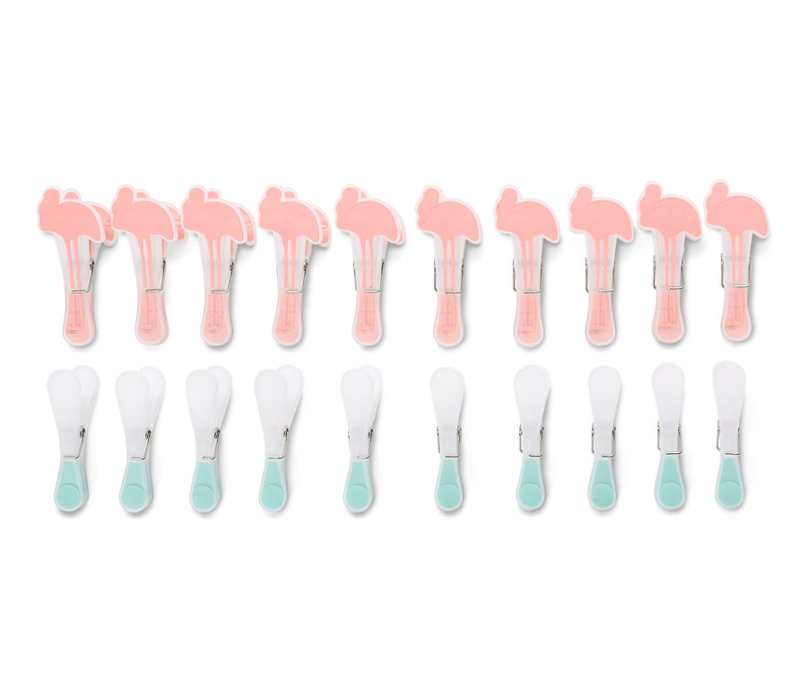 Deux rangées de 20 pinces à linge. Rangée supérieure rose avec des flamants roses, rangée inférieure blanche avec du turquoise.